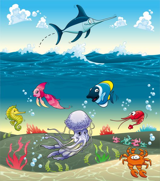 زیر دریا با ماهی و حیوانات دیگر کارتون خنده دار و وکتور