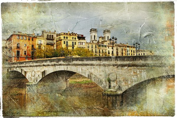 Girona نمای با پل - تصویر هنری به سبک نقاشی