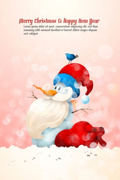 آدم برفی با کلاه بابانوئل با کیف هدیه بزرگ و پرنده روی سر پس‌زمینه تبریک کریسمس گرافیک لایه‌های جداگانه با نام‌گذاری بر این اساس
