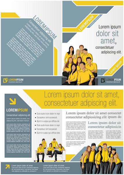 قالب زرد و آبی برای بروشور تبلیغاتی با افراد تجاری