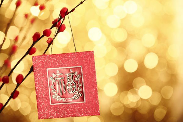 تزئینات سال نو چینی - بسته قرمز روی شاخه آلو شخصیت روی بسته نماد خوش شانسی است