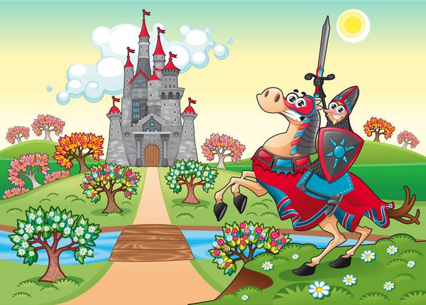 پانوراما با قلعه قرون وسطایی و شوالیه کارتون و وکتور