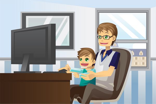 وکتور از پدر و پسرش که از کامپیوتر در خانه استفاده می کنند