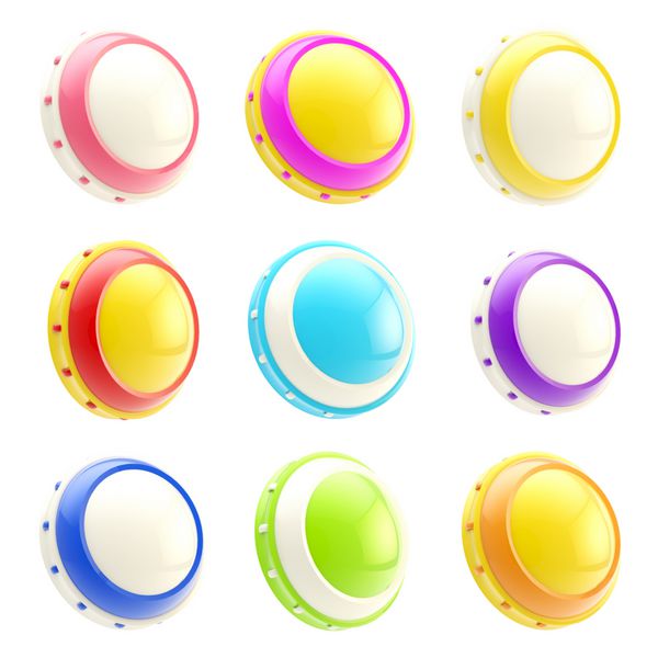 مجموعه ای از الگوهای دکمه های براق گرد رنگارنگ جدا شده روی سفید