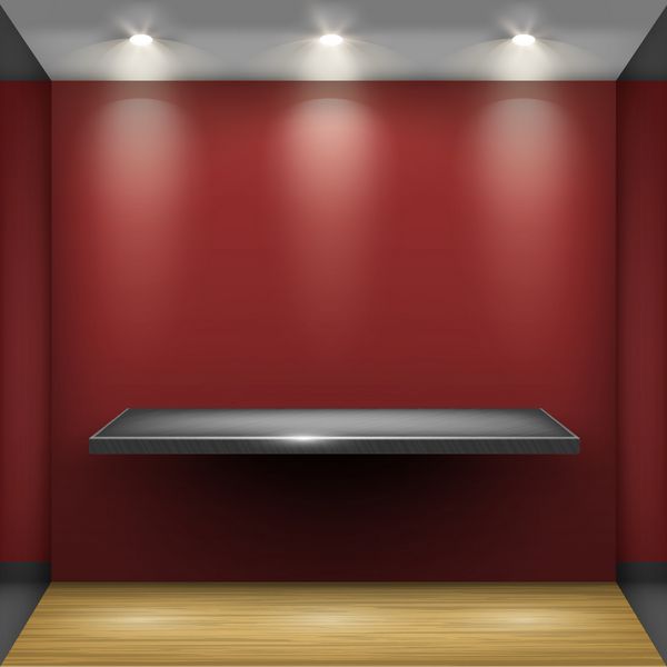 قفسه خالی فولادی در اتاق قرمز که با نورافکن ها روشن شده است بخشی از مجموعه وکتور داخلی