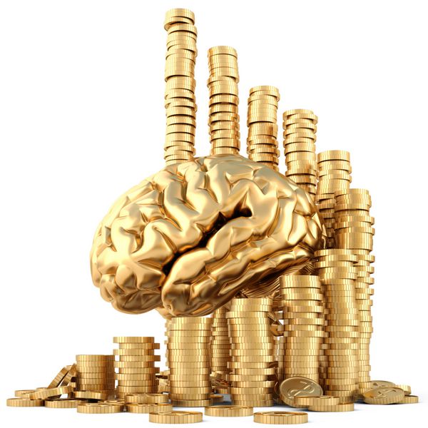 مغز با نمودار پیچ خورده سکه های طلایی جدا شده روی سفید