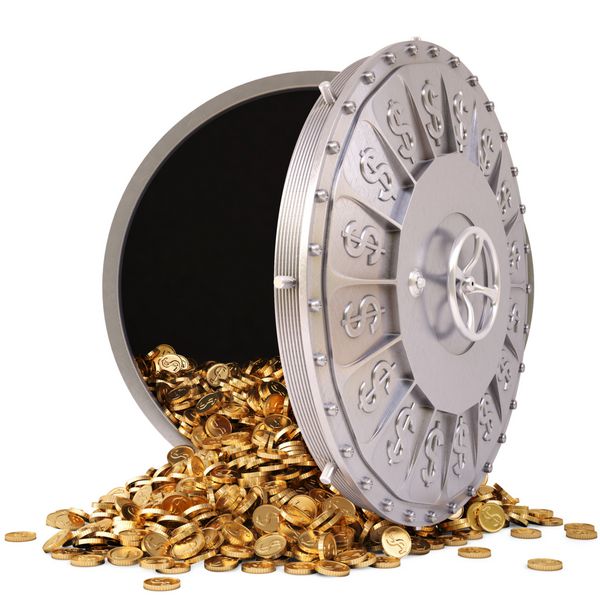 یک خزانه بانک را با یک دسته سکه طلا باز کنید جدا شده روی سفید