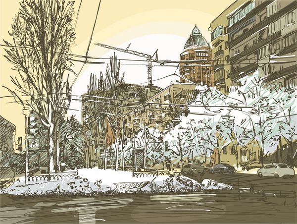 نقاشی شهر زمستانی طراحی دیجیتال با دست آزاد وکتور