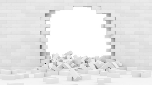دیوار آجری شکسته جدا شده در پس زمینه سفید