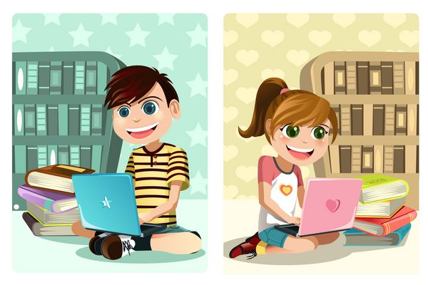 وکتور از یک پسر و یک دختر در حال مطالعه با لپ تاپ