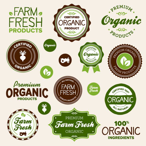 مجموعه ای از نشان ها و برچسب های مواد غذایی تازه ارگانیک و مزرعه