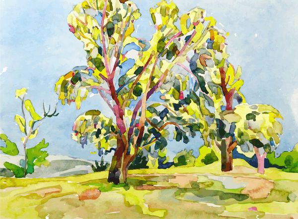 نقاشی آبرنگ اصلی درخت تابستانی