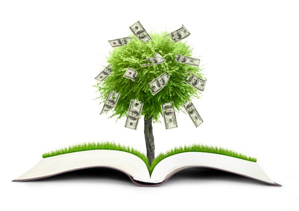 کتاب درخت پول از طبیعت کتاب در پس زمینه آسمان رشد می کند