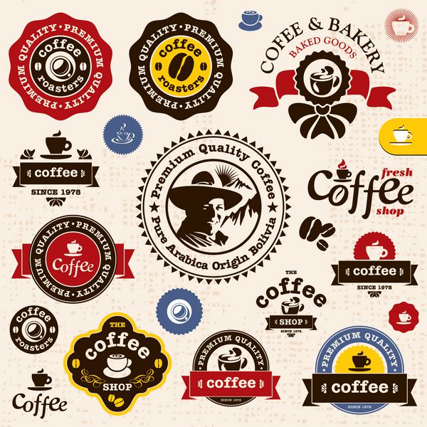 نشان ها و برچسب های قهوه مجموعه تابلوهای وکتور نانوایی و کافی شاپ تابلو قهوه با کیفیت عالی نشان مرد قهوه