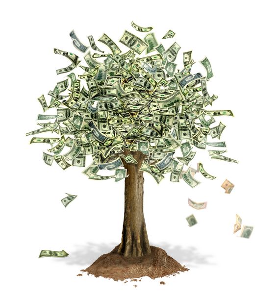 درخت پول با اسکناس‌های دلاری به جای برگ‌ها و برخی از اسکناس‌ها در حال سقوط در زمینه سفید