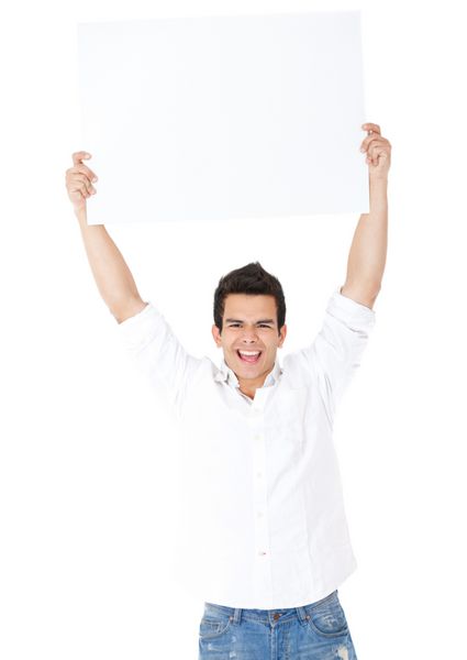 مرد هیجان زده در حال بلند کردن یک بنر - جدا شده روی پس زمینه سفید