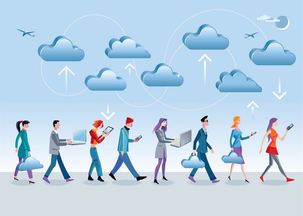 هشت شخصیت مختلف زن و مرد هنگام راه رفتن و در حال حرکت با دستگاه های تلفن همراه مختلف موبایل لپ تاپ تبلت به داده های ابر اینترنت دسترسی پیدا می کنند