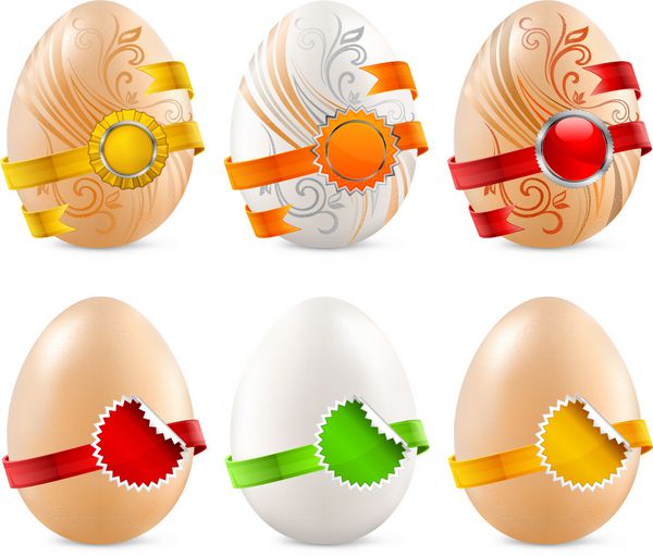 تخم مرغ با برچسب روبان رنگی جدا شده در پس زمینه سفید وکتور