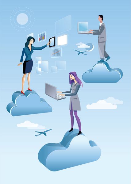 دو زن و یک مرد در آسمان بین ابرها کار می کنند آنها با رایانه و تبلت روی آسمان کار می کنند به اینترنت متصل هستند و به خدمات ابری دسترسی دارند