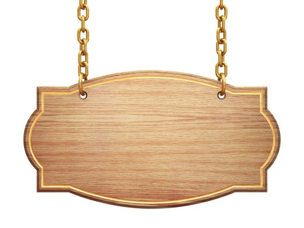 تابلوی چوبی خالی آویزان بر زنجیر برنجی جدا شده روی سفید