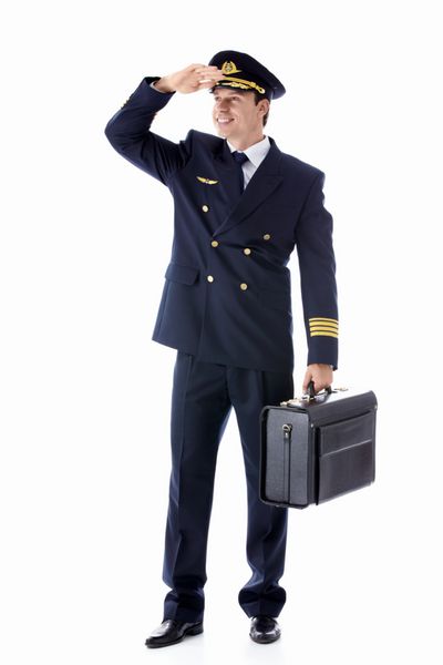 خلبان یک چمدان در زمینه سفید