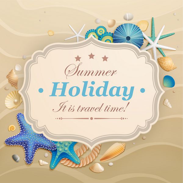 کارت تبریک تعطیلات قدیمی با صدف و ستاره دریایی و مکانی برای متن