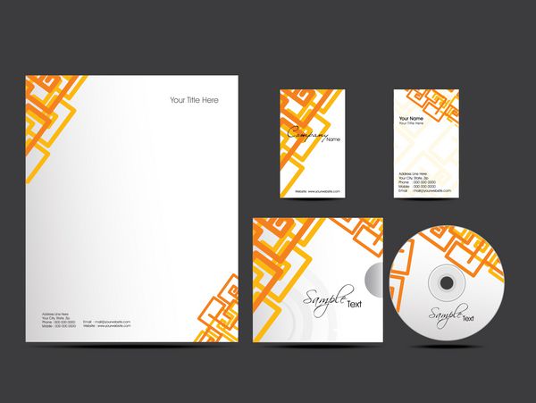 کیت هویت سازمانی یا کیت تجاری با طراحی هنری و انتزاعی به رنگ نارنجی برای کسب و کار شما شامل طرح های جلد سی دی کارت ویزیت و طرح های سر نامه با فرمت است
