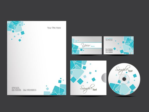 کیت حرفه ای هویت سازمانی یا کیت تجاری با طراحی هنری و انتزاعی در رنگ آبی برای کسب و کار شما شامل طرح های جلد سی دی کارت ویزیت و طرح های سر نامه با فرمت است