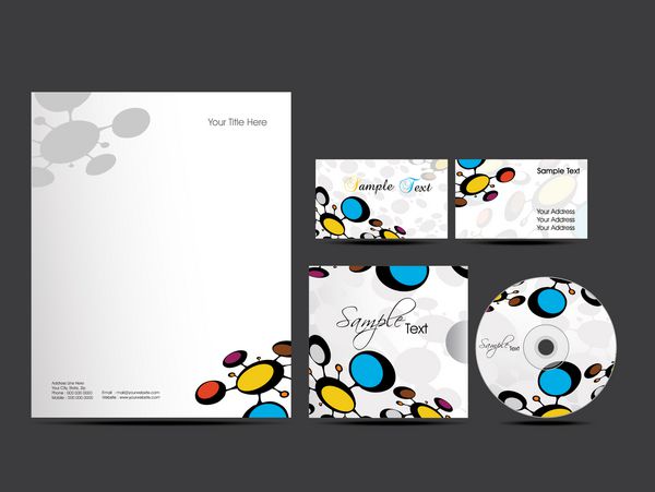 کیت هویت شرکتی یا کیت تجاری با طراحی انتزاعی هنری و رنگارنگ برای کسب و کار شما شامل طرح های جلد سی دی کارت ویزیت و طرح های سر نامه است