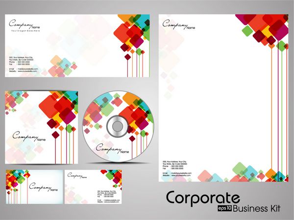 کیت هویت شرکتی حرفه ای یا کیت تجاری با طراحی هنری و رنگارنگ انتزاعی برای کسب و کار شما شامل طرح های جلد سی دی کارت ویزیت پاکت نامه و طرح های سر نامه با فرمت است