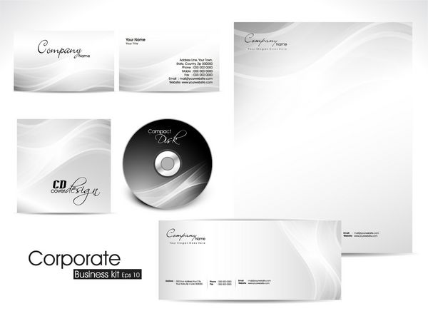 کیت هویت سازمانی حرفه ای یا کیت تجاری با الگوی موج هنری و انتزاعی در رنگ خاکستری برای کسب و کار شما شامل طرح های جلد سی دی پاکت نامه کارت ویزیت و طرح های سر نامه در است
