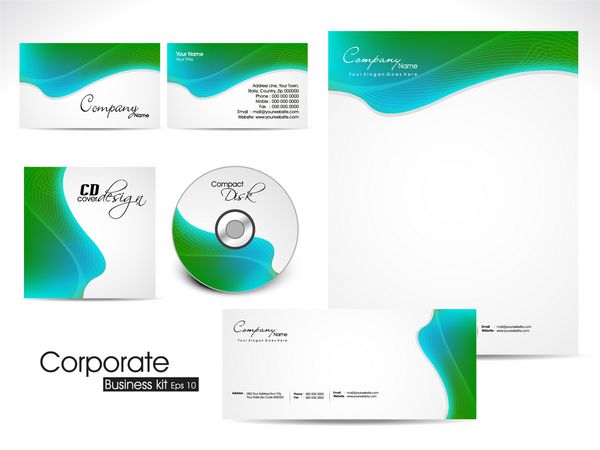 کیت هویت سازمانی حرفه ای یا کیت تجاری با طراحی هنری و موجی به رنگ آبی و سبز برای کسب و کار شما شامل طرح های جلد سی دی کارت ویزیت پاکت نامه و طرح های سر نامه در است