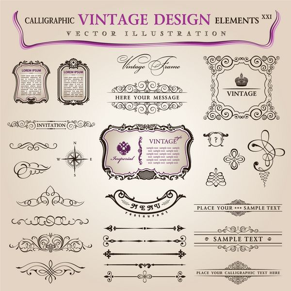 مجموعه وکتور کلاسیک عناصر طراحی خوشنویسی و تزیین صفحه مجموعه با تزئینات سلطنتی