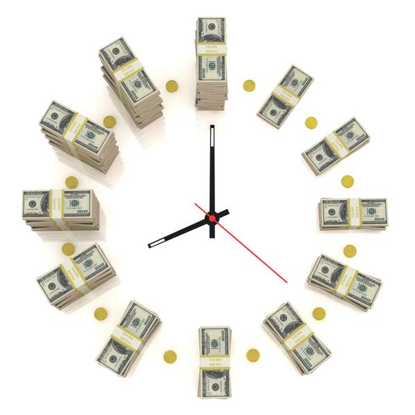 صفحه ساعت با پشته های پول جدا شده