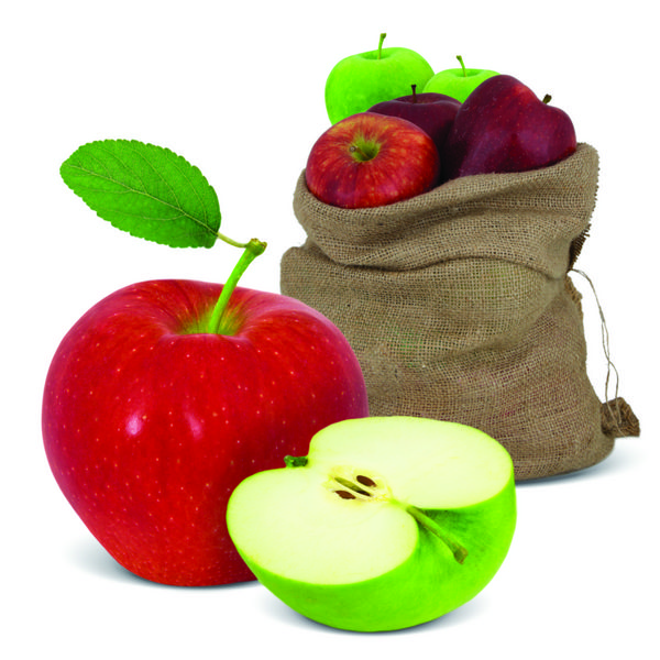 کیسه ای با سیب های قرمز و سبز و برش های جدا شده روی سفید