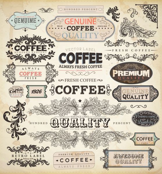 مجموعه ای از عناصر وینتیج برای طراحی قهوه نشان ها و برچسب های قهوه رترو تزئینات گلدار به سبک قدیمی قاب ها و حاشیه ها مجموعه وکتور