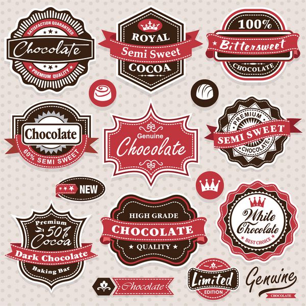 مجموعه ای از برچسب ها نشان ها و نمادهای شکلات قدیمی
