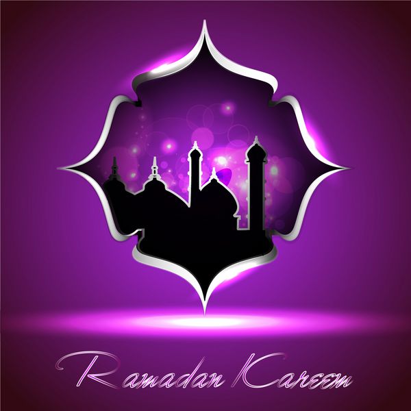 آیکون براق مسجد یا مسجد با متن رمضان کریم در زمینه مدرن گلدار به رنگ بنفش وکتور