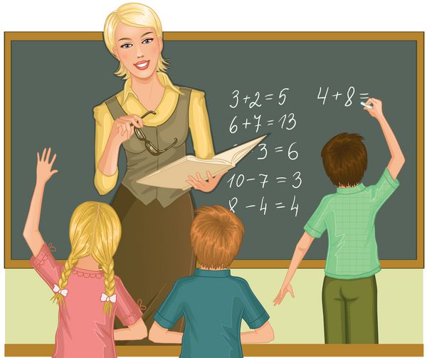 معلم تخته سیاه ریاضیات را برای کودکان توضیح می دهد وکتور از معلم جوان در کلاس درس که درس ریاضی می دهد