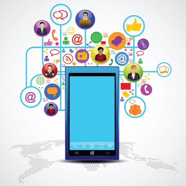 اتصال به شبکه رسانه های اجتماعی و ارتباط در سطح جهانی شبکه های تلفن همراه با نمادهای شبکه وکتور EPS