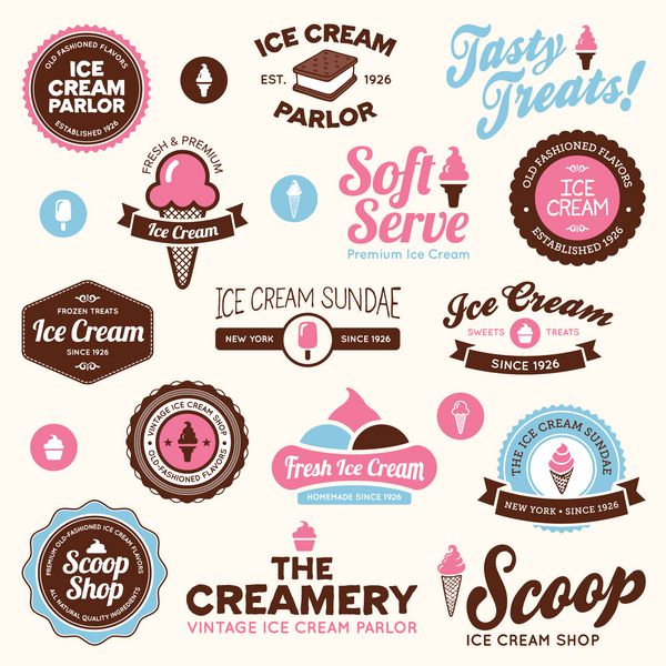 مجموعه ای از نشان ها و برچسب های آرم بستنی فروشی قدیمی و مدرن