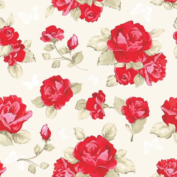 الگوی کاغذ دیواری بدون درز با مجموعه گل رز قرمز در پس زمینه طرح وکتور