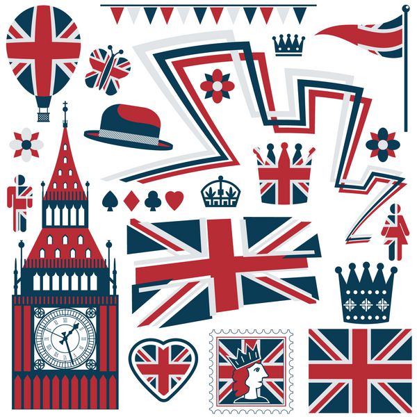 مجموعه ای از عناصر طراحی پادشاهی متحد قرمز سفید و آبی جدا شده بر روی سفید