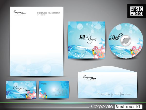 کیت حرفه ای هویت شرکتی یا کیت تجاری با موج هنری و آب برای کسب و کار شما شامل طرح های جلد سی دی کارت ویزیت پاکت نامه و طرح های سر نامه با فرمت است