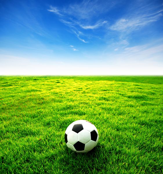 زمین فوتبال استادیوم فوتبال در زمین چمن سبز آسمان آبی پس‌زمینه بازی ورزشی برای طراحی
