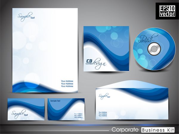 کیت حرفه ای هویت شرکت یا کیت تجاری با الگوی موج انتزاعی شامل جلد سی دی پاکت نامه کارت ویزیت و طرح های سر نامه در است