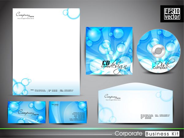 کیت حرفه ای هویت شرکتی یا کیت تجاری با طرح آب هنری و انتزاعی در رنگ آبی برای کسب و کار شما شامل طرح های جلد سی دی پاکت نامه کارت ویزیت و سر نامه در