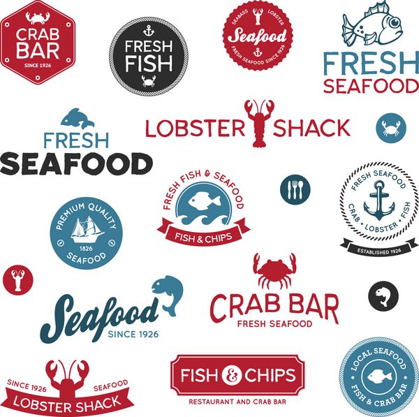 مجموعه ای از برچسب های رستورانی لوگوی غذاهای دریایی مدرن و قدیمی