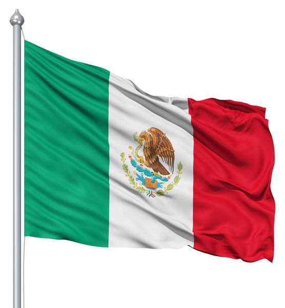 پرچم مکزیک با میله پرچم در باد در مقابل پس زمینه سفید تکان می خورد