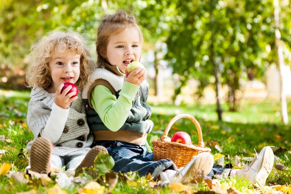 کودکان در حال خوردن سیب در پارک پاییز پیک نیک خانوادگی
